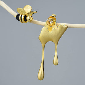 Aritos asimétricos de abeja y miel, Plata 925 bañada en Oro 18K