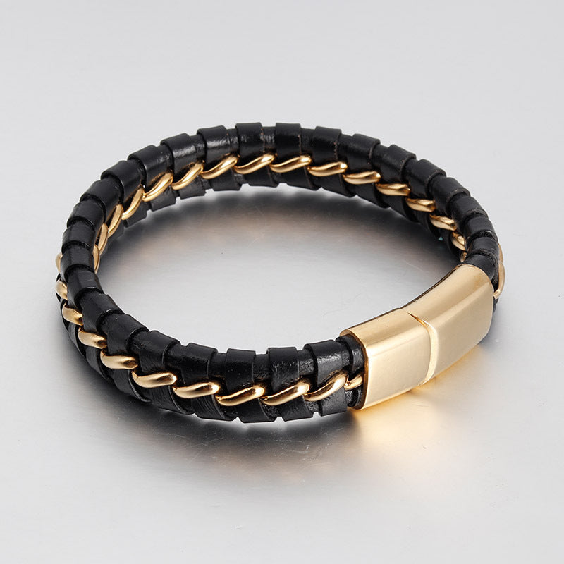 Brazalete de cuero y acero dorado