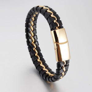 Brazalete de cuero y acero dorado